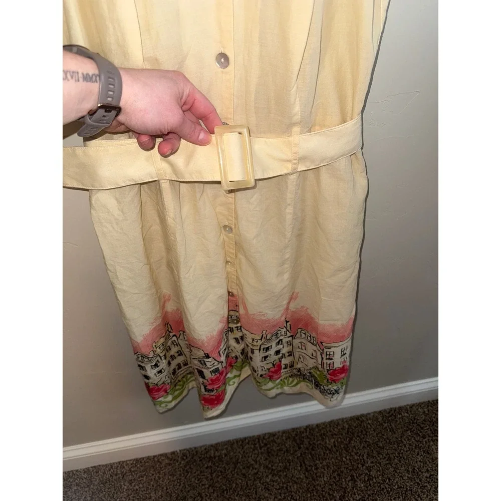 Sangria Yellow Cotton Belted Shirt Dress Paris Border Print Rose Houses - Picture 2 of 7